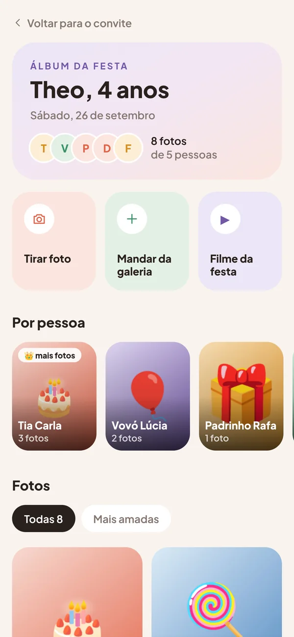 Álbum da festa com as fotos enviadas pelos convidados