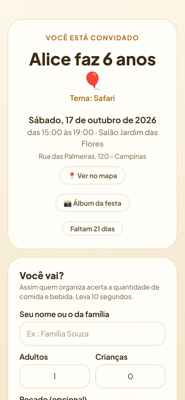 Convite da festa aberto no celular, com botão para confirmar presença